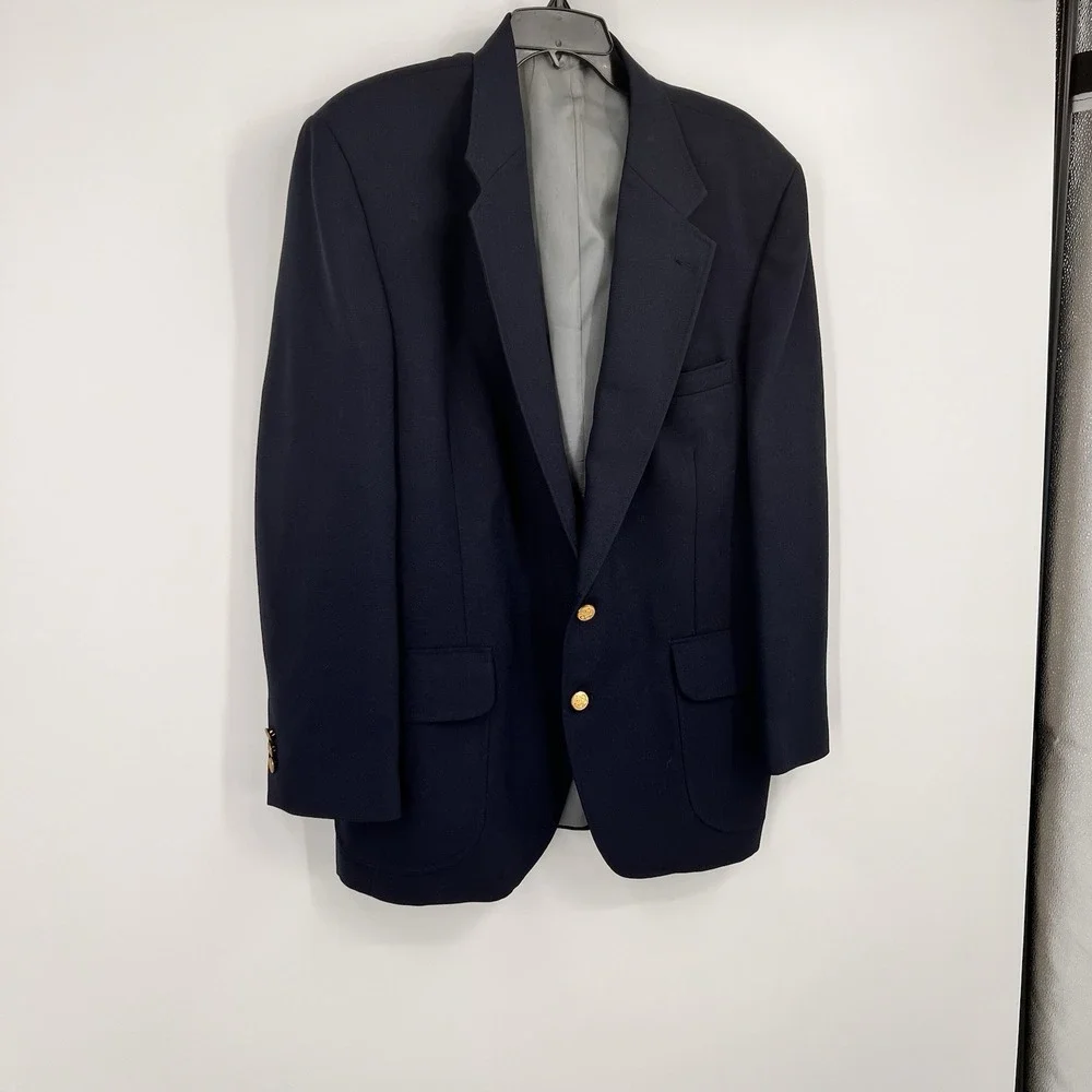 Stafford Men's 43R Navy Blue Double Breasted Blazer Jacket 3 Gold Buttons USA